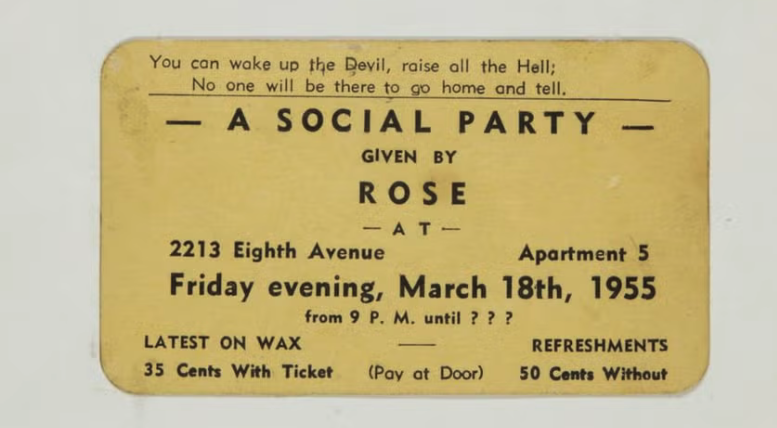 Photo de carton d'invitation à une Harlem Rent Party du 18 mars 1955